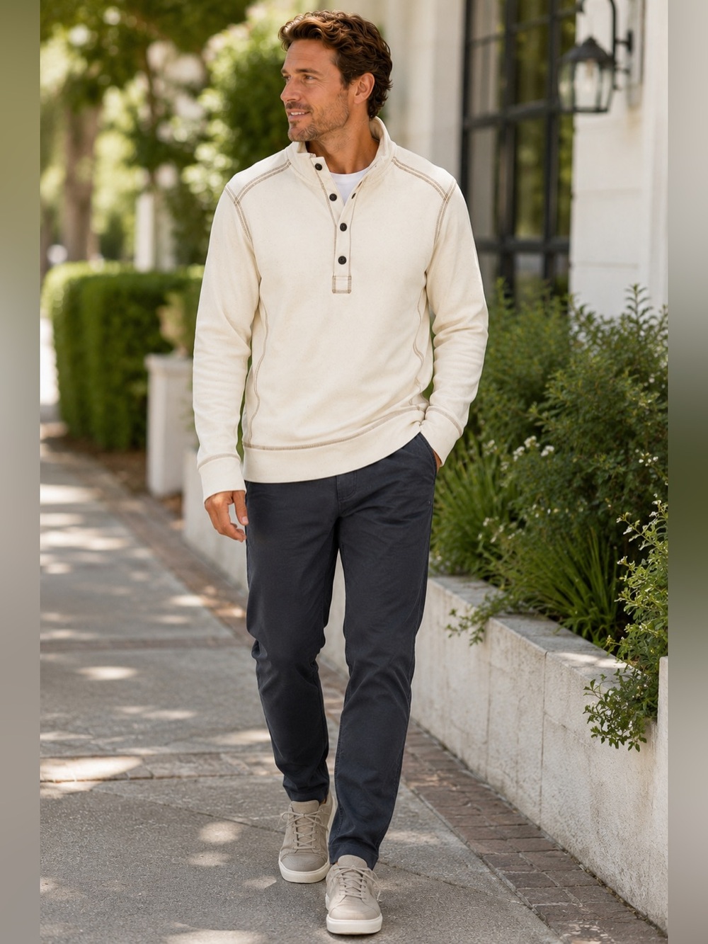 Tommy Bahama Jeans Men’s Large Cream Pullover Sweatshirt Mock Neck Cotton